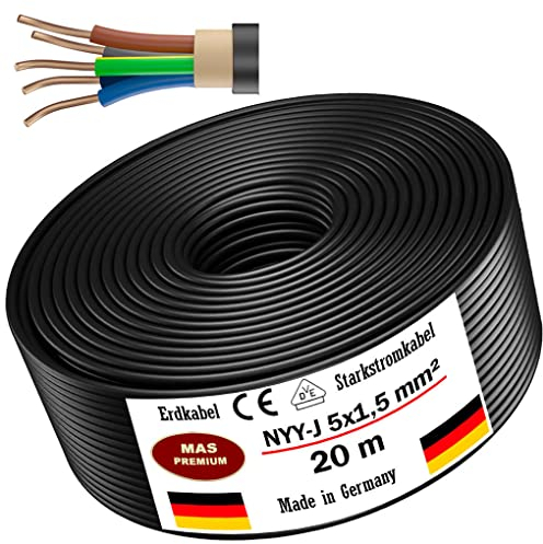 MAS-Premium® NYY-J Cavo elettrico di marca tedesca per la posa in esterni e in terra, matassa cavo di alta tensione standard, prodotto in Germania, 5 x 1,5 mm², 20 m