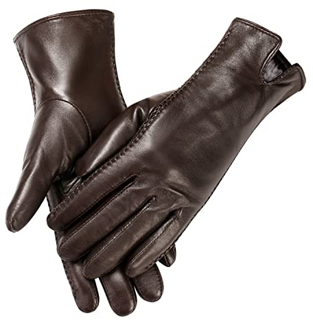 MaxW Herbst Winter Damen Leder Handschuhe Braun Touchscreen Schafsfell Handschuhe Weich Warm Fahren Radfahren Fäustlinge Futter aus Kaninchenfellimitat M