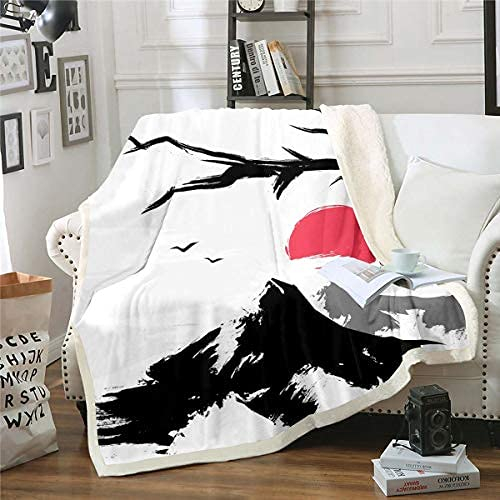 Homewish Mount Fuji Decke Überwurf,Bergkirsche Zweige Rote Sonne Tinte Malerei Japanischen Stil Ukiyo-E Thema Sherpa Decke,Dekorative Sofa Fleece Decke Leicht,150x200,Schwarz Weiß Grau