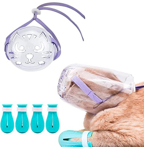 Augegel Cat Muzzle & Boots Set, Silicone, Adjustable, Transparent, Small