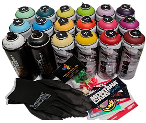 PROGAL COLORS SET NBQ PRO MONTANA CANS Sprühdosen Schwarz und Weiß matt graffiti dosen(2x Montana Cans Black + 16x NBQ) Set enthält ein Geschenk von Sticker + Handschuhen + 12 Ersatz-Diffusoren