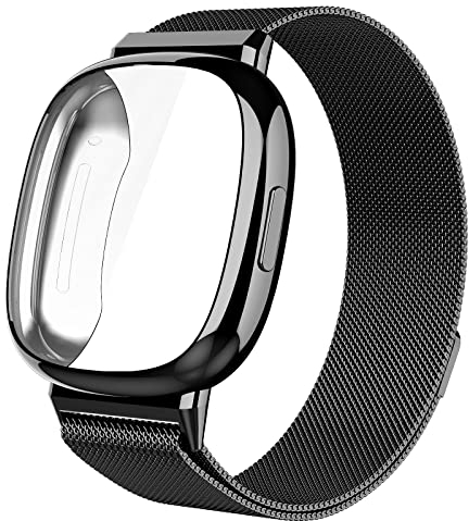 TINICR Ersatzarmband mit TPU Schutzhülle Kompatibel mit Fitbit Versa 3 Armband/Fitbit Sense Armband, Mesh Edelstahl Metall Armbänder mit Einstellbar Magnetschloss für Fitbit Versa 3/Sense - Schwarz