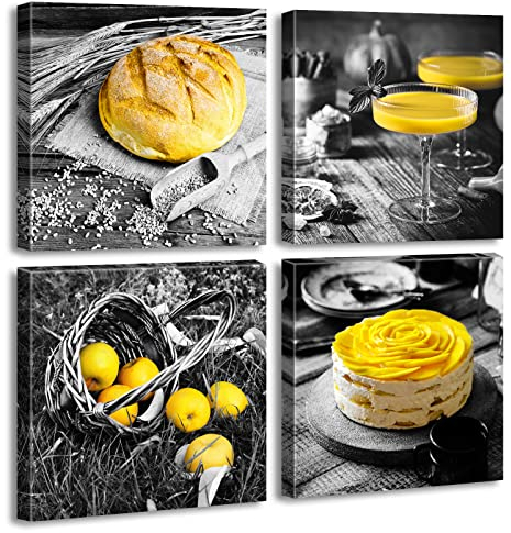 Küchen-Wanddekoration, schwarz-weiß, gelb, Wandkunst, Brot, Kuchen, Obst, Bild, Leinwanddruck, Gemälde für Café, Esszimmer, Restaurant, Bauernhaus, Küche, Dekoration, 30.5x30.5 cm, 10.2 cm (BxHxT)