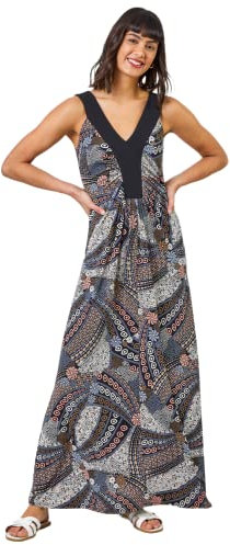 Roman Originals Women Geo Print Contrast Band Maxi Dress - Ladies Spring Everyday Summer Evening Vacation Work Holiday Sleeveless Smart Casual - Natural - Size 18