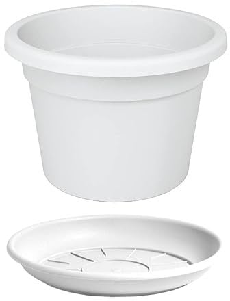 eacommerce Vaso Tondo in Plastica PPL per Giardino Patio Balconi e Terrazzi (Ø30x21H cm, Colore Bianco + Sottovaso)
