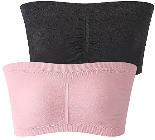 FULIER Reggiseno a Fascia da Donna Imbottito Senza Spalline Senza Spalline Senza Fili Bralette Reggiseno Senza Cuciture a Fascia Crop Tube Top Bra Bralette 2 Confezioni, Nero, Rosa, XXX-Large