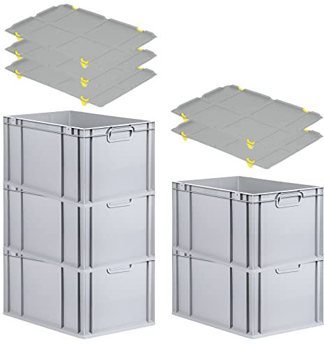 PROREGAL SparSet 5x Eurobox NextGen Grip mit Auflagedeckel & 4 gelben Schiebeschnappverschlüssen, HxBxT 32x40x60cm, 65 L, Grau, Griffe geschlossen, Eurobehälter, Transportbox