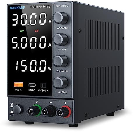Fuente de Alimentación Regulable 30 V 5 A, Aimentación de Laboratorio Fuente de Alimentacion de Banco Ajustable con Puerto de Carga rápida USB-A/Tipo C y Botón Codificador