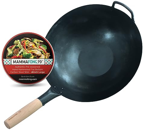 Mammafong Traditionelle Wokpfanne aus Karbonstahl, mit flachem Boden, 40,6 cm, authentische handgehämmerte Woks und Bratpfannen – Pow-Wok ohne chemische Beschichtung