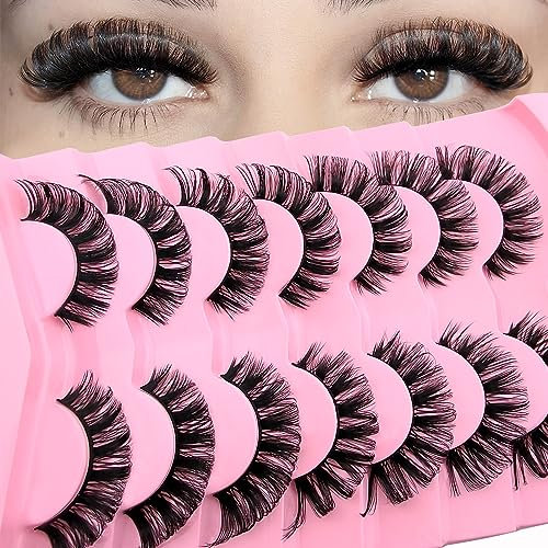 7 paires de faux cils 3D Faux cils russes Look naturel, Curly Cat Eye Lashes D Curl Faux cils avec volume naturel Wispy œil de chat cils(2D25)