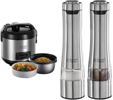 Bundle Set: Russell Hobbs Reiskocher [Testsieger] 1,2l inkl. Dampfgarer -Einsatz mit Aroma-Klappdeckel 27080-56 + Salz und Pfeffer Mühle elektrisch 23460-56
