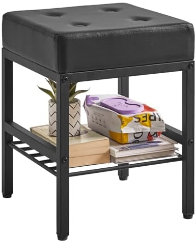 IBUYKE Square Makeup Stool with Adjustable Feet and Storage Space, Footrest Stool, PU Seat Vanity Stool, Multi-Use as Small Side Table or Ottoman, for Bedroom, Black L/G-60B