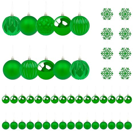 The Christmas Workshop 50 Stück Bruchsichere Weihnachtskugeln/Elegante Festliche Designs/Christbaumschmuck mit Schnur zum Aufhängen/Verschiedene Größen und Stile (Grün)