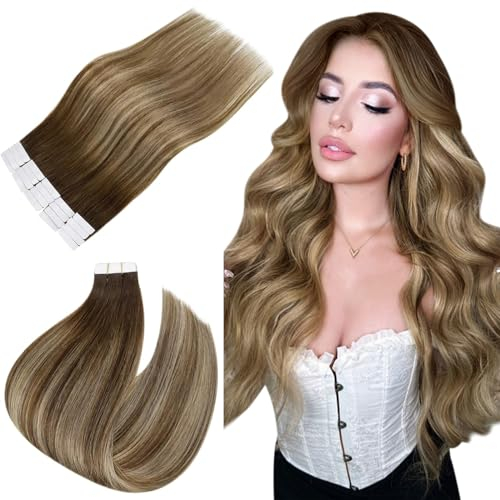 Easyouth Balayage Tape in Extensions Echthaar Tape in Extensions Mittelbraun Mix Honigblond und Mittelbraun Tape in Haarverlangerung Ombre Braun 45 cm 40g 20Pcs #4/27/4