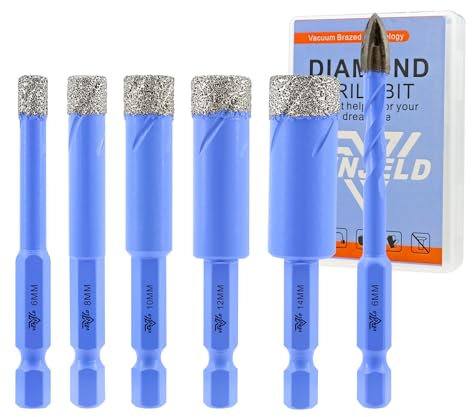 Foret Diamant Carrelage Set - 5Pcs 6/8/10/12/14mm Scie Cloche und 1Pc 6mm Foret en Carbure Perçage à Sec pour Céramique Porcelaine Marbre Granit avec Changement Rapide Tige Hexagonale VENJELD