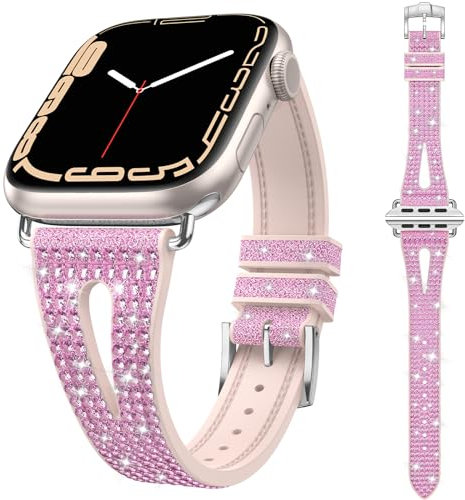 Kamita Bling Cinturino Compatibile con Apple Watch Banda 38mm 40mm 41mm per Ragazze e Donne, Cinturini Regolabile in Diamante Silicone Watchband Scintillante Ricambio Strap per Apple Watch 9 8 (Rosa)