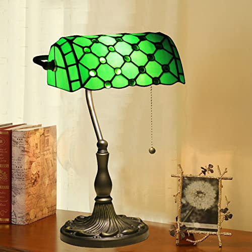 AIBOTY Bankers-Schreibtischlampe aus grünem Glas, antike Tiffany-Buntglas-Lesetischlampen mit Aluminiumsockel, Bibliothekslampe mit Zugkette, Vintage-Schreibtischlampe für das Arbeitszimmer,B