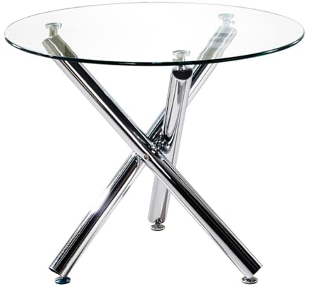 JHAISMAO Vorgespanntes Glas Rund Esstisch Kleiner Raum Modern Speisesaal Lässig Kaffeetisch Tee Küchentisch Und Dreibein Chrom Bein(Size:90x75cm)