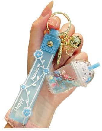 ZDHC Cute Cat Cup Liquid Keychain Creative Beautiful Flower Milk Tea Kitty Bubble Keyring Car Keys Bag Pendant for Woman Girls