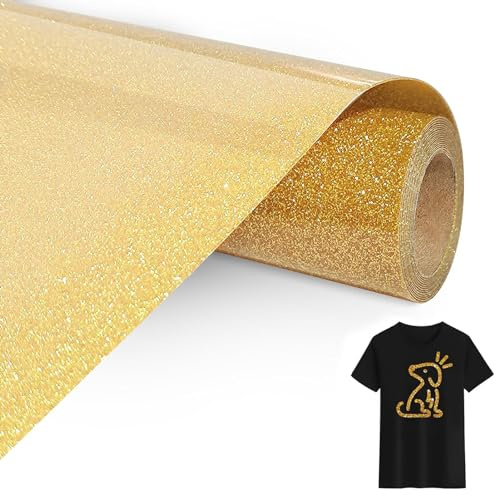 Bocguy Vinilo Textil Termoadhesivo Purpurina Oro, 30.5 CM X 305 CM Glitter Vinilo Textil Oro Fácil de Cortar y Desherbar, Purpurina Vinilo Termoadhesivo Textil para DIY Camisetas y Más Telas