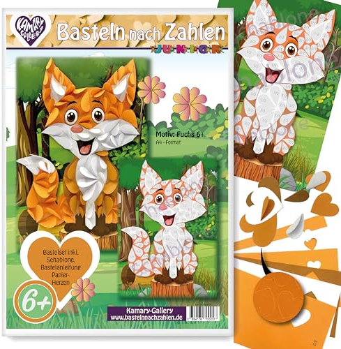 Kamary-Gallery Bastelset Basteln nach Zahlen, Papierbastelset versch. Motive für Kinder ab 6 Jahre, 3D basteln mit Papierherzen auf Schablone (Fuchs ab 6J)
