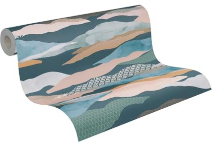 A.S. Création Vliestapete mit Wolken-Motiv 10,05 m x 0,53 m - Blau, Grün, Rosa - Tapete mit Wolkenmuster Mustertapete Made in Germany - 396994