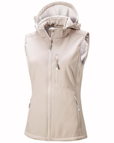 33,000ft Women's Lightweight Softshell Gilets with Hood Sleeveless Jacket Waterproof Windproof Vest Lady's Fleece Lined Vest with 5 Zip up Pockets Light Khaki L