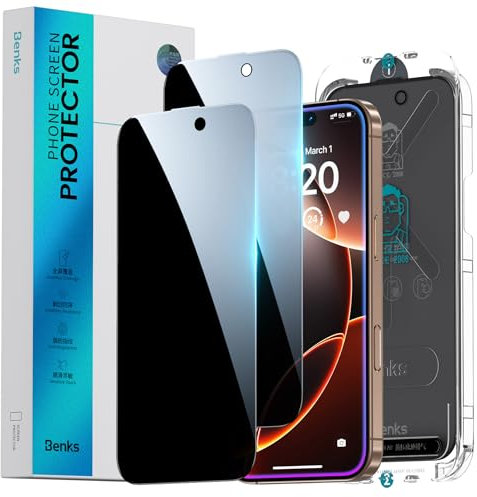 BENKS für iPhone 16 Pro für Panzerglas Sichtschutz, Militärstandard Bruchfest, Full Screen Privatsphäre Schutzfolie 9H Anti-Spähen Folie mit Präzisionseinbauhilfe, 2 Stück