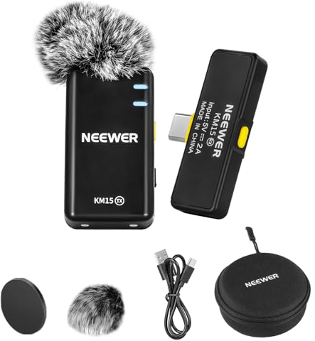 NEEWER Wireless Microphone System for USB C, Noise Cancelling Lapel Lavalier Microphone for Podcast Vlog Live Streaming, Clip on Mini Lav Mic Compatible with iPhone 15 Series Android Phone, KM15