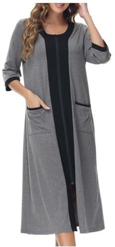 NSICBMNO Long Nightdresses For Women Uk Cotton Bathrobe Zip Up Dressing Gowns Ladies Half Sleeve Cardigans Lightweight Housecoats Bed Jackets Nightgown Summer Pyjamas With Pockets Loungewear
