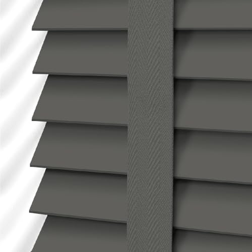 Ev Dekor Faux Wood Blinds - Wooden Grain window Venetian Blind 50mm Horizontal Slats - White Silver/Grey Tape TRIMMABLE, Child Safe Window Shades (Dark Grey Embossed Pattern, W165cm x L150cm)