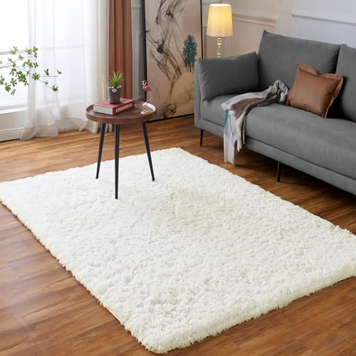 Ceneco Fluffy Cream Rugs Non-Slip Thick Pile 60x120cm Carpets for Bedroom | 4cm Pile Height, Shaggy, Rectangular, Small Area Rug for Kids Room, Bedside, Nursery