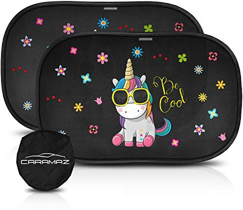 CARAMAZ Sonnenschutz Auto Baby mit zertifiziertem UV Schutz, universell passend 48 x 30 cm, 2 Stück Sonnenblende, mit Saugnäpfen, Motiv: Einhorn