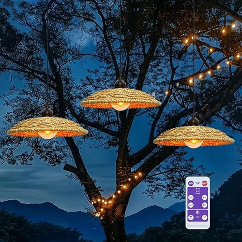 Lot de 3 lampes suspendues boho en rotin avec télécommande à piles - Lampe portable en jonc de mer - Sans prise électrique - IP65 - Étanche - Éclairage d'extérieur