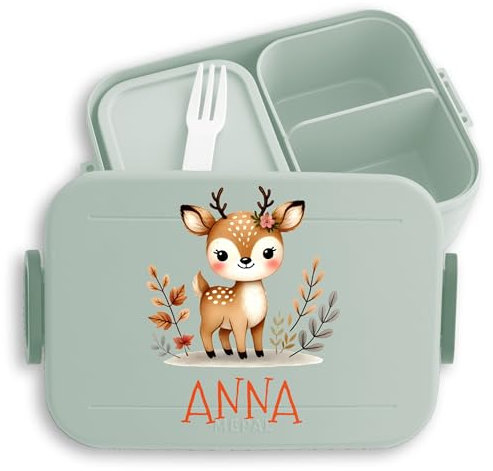 Kinder Bento Box Midi Lunchbox Mepal Bentobox - Kinderbrotdose mit Reh-Motiv | Personalisierte Kinderbrotdose mit Reh | Geschenkidee für Schulanfang oder Kindergartenstart - 900 ml - Sage Grün