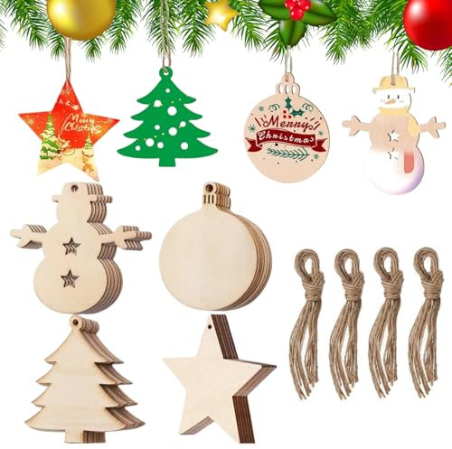 Wooden Christmas Tree Decorations, 40Pcs Christmas Crafts, 4 Styles Paintable Blank Craft Set for DIY, Hanging Wooden Xmas Shapes for Crafting