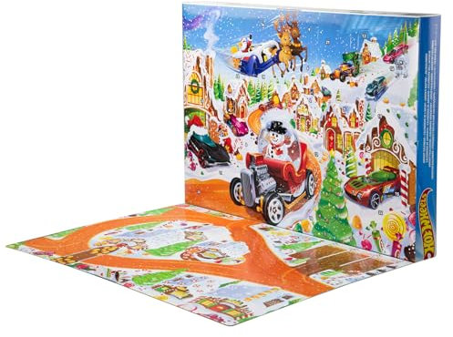 Hot Wheels Spielzeugautos und Spielset, Adventskalender 2025 mit 10 Fahrzeugen im Maßstab 1:64, 10 Clips zum Befestigen und 14 winterlichen Zubehörteilen, JCB47