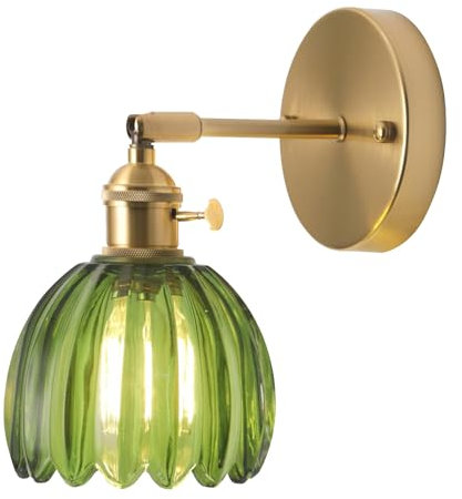 TOKTOP Applique Murale Fleur Vintage Laiton Doré et Verre Vert avec Interrupteur Lampe Murale E27 Luminaire Murale pour Salle de Bain Chambre Salon Cuisine