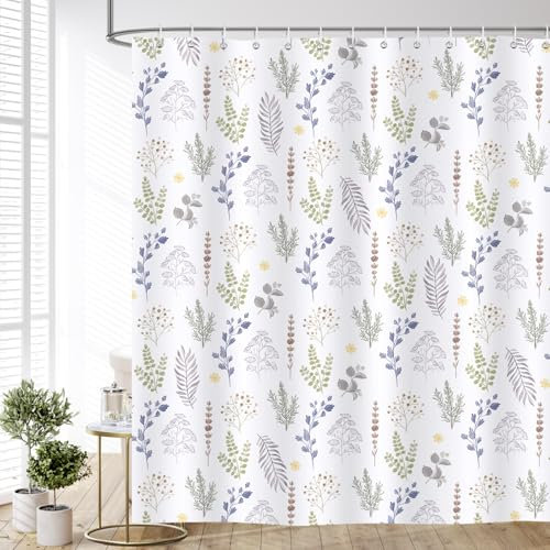 Dazzlewall Cortina de Ducha Floral Blanca, Hierbas Flores Coloridas Botánico Impermeable 180x180cm, Antimoho Tela con 12 Ganchos