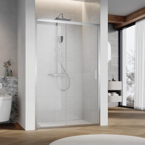 SUNXURY Schiebetür 140x185cm 5 mm Klar ESG-Glas Silber aluminiumrahmen | Duschtür Einzelschiebetür mit Schiebetür,Silber Aluminiumrahmen,hochwertigen Rollen,Platzsparend,für kompakte Badezimmer