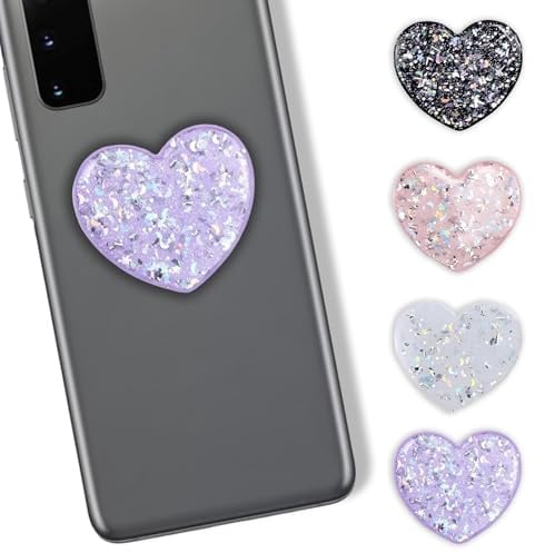 4PCS Heart Phone Grip Holder with Stand, Durable Hand Holder Grip for Phone | Phone grip holder: 4 colors (black/white/pink/purple), 5x5cm. Glittery, durable. Frees hands for typing/photos.