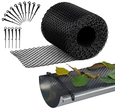 Relaxdays gutter leaf guard, 6 m long, 15 cm wide, with 15 clips, weatherproof, plastic, gutter protection, black | With 15 clips, weatherproof, plastic, gutter protection