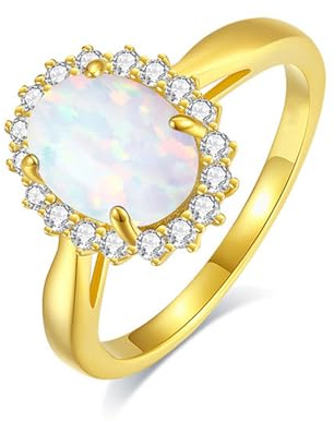 Stfery Damenring Gold 18 Karat Partnerringe Echt Gold, Vintage Cocktailring mit Opal in Ovalschliff Au750 Gr.65 (20.7)