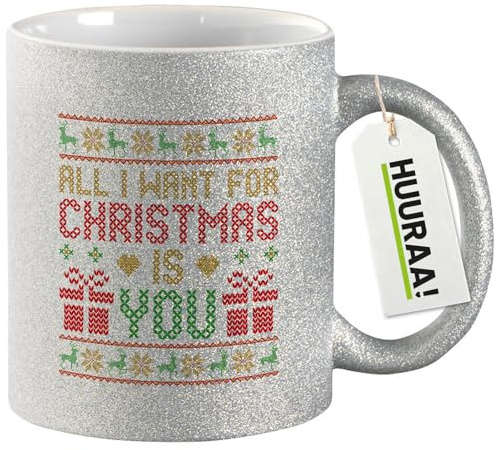 Huuraa Coffee Mug Ugly Christmas All I Want is You Gift Mug Silver 330ml Ugly Christmas All I Want is You Present