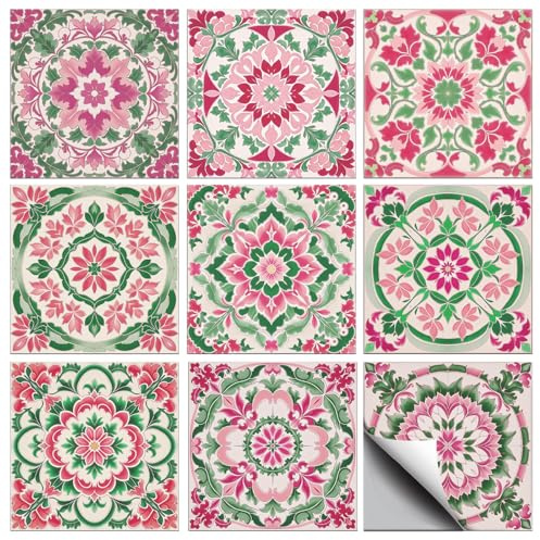 CONCHLERY 36 Pcs 9 Styles Pink and Green Flowers Patten Tile Sticker Datura Flowers Patten Wall Tile Stickers Waterproof Self Adhesive Stick on Decals for Kitchen Bathroom Wall Art 4×4 Inch