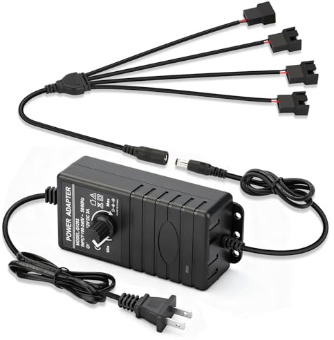 AmRunJe 3Pin 4Pin PC Fan Speed Controller AC 110 – 240V to DC 4v – 12v Port, Power Supply for Exhaust Cooling Fan Splitter Cable 36W 3A Fans RPM Adjust Adapter