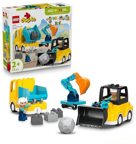 LEGO DUPLO 3-in-1 Baufahrzeuge - Pädagogisches Montessori Spielzeug für Kleinkinder mit Lastwagen, Bagger und Radlader - Geburtstagsgeschenk für Jungen und Mädchen ab 2 Jahren - 10475