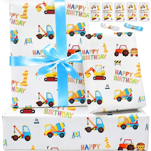 Geschenkpapier 1. Geburtstag Baby Junge Set Baustelle Traktor Bagger Geschenkpapier Geburtstag 1 Jahr für Babyparty Geschenkverpackung 1. Geburtstag Happy Birthday Papier für geburtstagsdeko