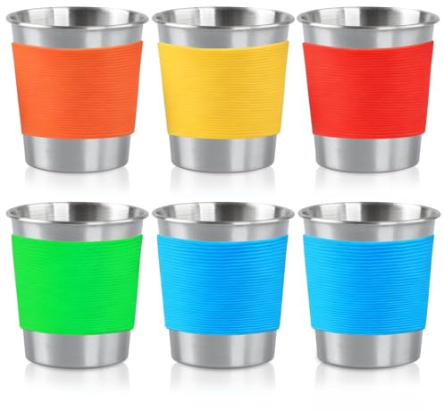 BORDEAG 6 Pièces Gobelets en Acier Inoxydable, 260ml Gobelets Inox 260ml, Gobelets avec Manchon en Silicone avec Manchon En Silicone für Camping et Outdoor, Acier Inoxydable 201, Tasses Empilables