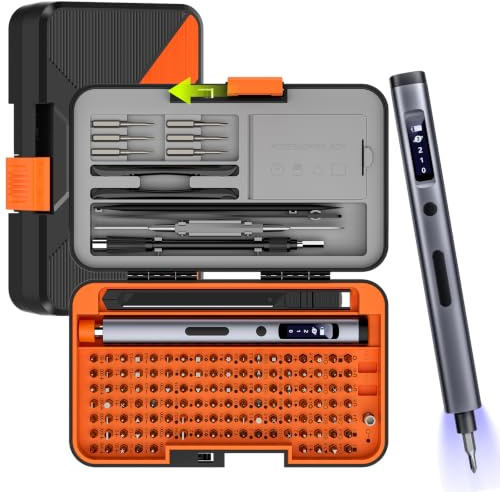 166-in-1 Mini Electric Screwdriver, Precision Screwdriver Set, Flexible Rod | S2 Steel Bit, 200 RPM, 4 Torque, 500 mAh Battery, LED Light, USB-C, Repair Kit for PC, RC, Phone, Camera, Watch, Electronics
